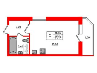 Студия 22.2 м² 6/20 этаж