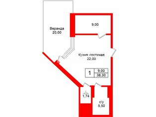 1-комн. кв. 38.3 м² 1/9 этаж