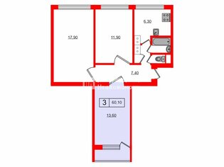 Комната 13.6 м² в 3-комн. кв. 9/15 этаж