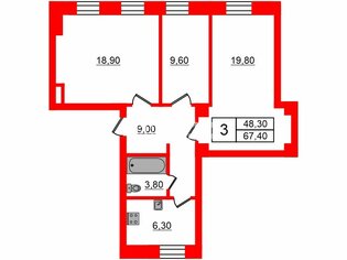 3-комн. кв. 67.4 м² 2/3 этаж