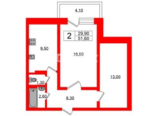 2-комн. кв. 51.6 м² 1/5 этаж