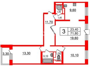  Квартира 71.8 кв.м. у метро Купчино