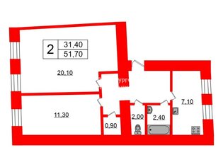 2-комн. кв. 51.7 м² 3/3 этаж