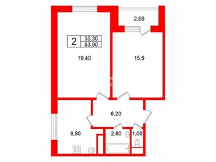 2-комн. кв. 53.9 м² 3/12 этаж