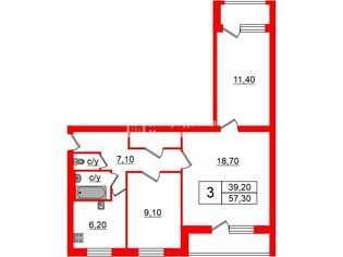 3-комн. кв. 57.3 м² 3/9 этаж