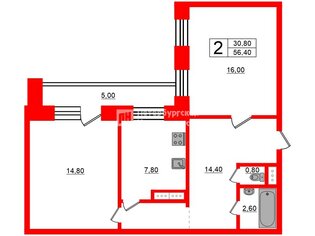 2-комн. кв. 56.4 м² 13/16 этаж