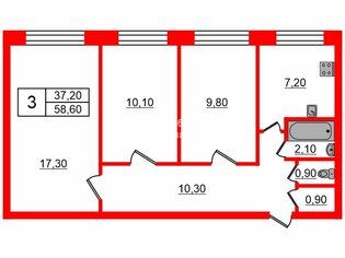 3-комн. кв. 58.6 м² 1/9 этаж