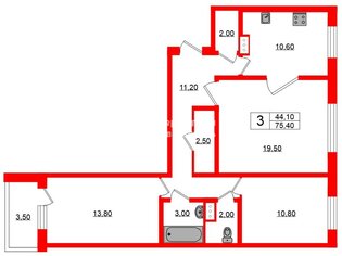 3-комн. кв. 75.4 м² 3/5 этаж