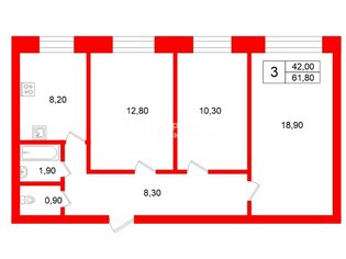 3-комн. кв. 61.8 м² 8/9 этаж