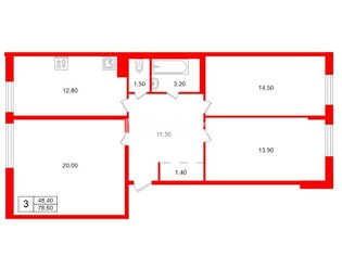 3-комн. кв. 78.6 м² 1/9 этаж