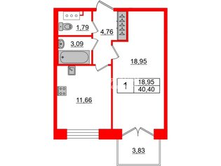 1-комн. кв. 40.4 м² 7/8 этаж