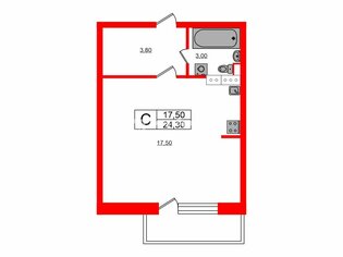 Студия 24.3 м² 4/17 этаж