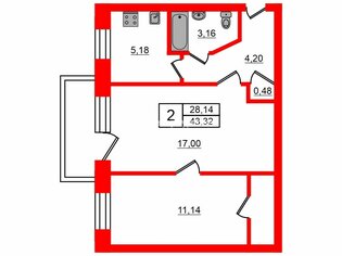 2-комн. кв. 43.3 м² 2/3 этаж