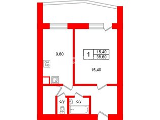 1-комн. кв. 38.6 м² 3/16 этаж