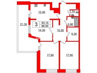3-комн. кв. 88.9 м² 4/25 этаж
