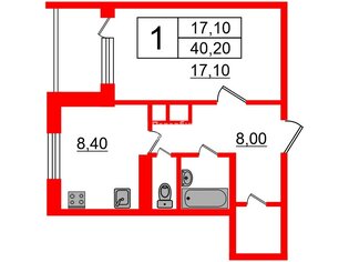 1-комн. кв. 40.2 м² 2/5 этаж