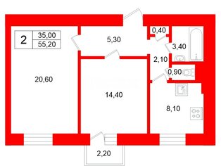 2-комн. кв. 55.2 м² 3/7 этаж