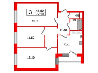 3-комн. кв. 72.1 м² 5/12 этаж