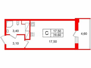 Студия 28.6 м² 15/25 этаж