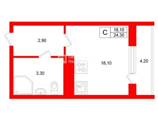  Студия 24.3 кв.м. у метро Проспект Ветеранов