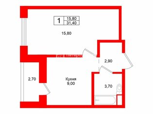 1-комн. кв. 31.4 м² 2/12 этаж