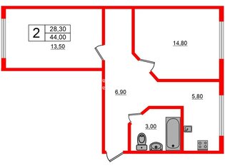 2-комн. кв. 44 м² 1/5 этаж