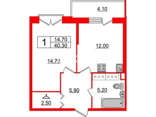 1-комн. кв. 40.3 м² 5/12 этаж