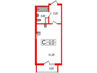 Студия 30.3 м² 17/25 этаж