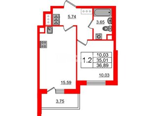  Квартира 36.89 кв.м. у метро Комендантский Проспект