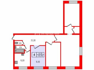 Комната 9.1 м² в 4-комн. кв. 1/9 этаж