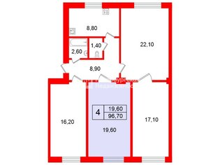 Комната 19.6 м² в 4-комн. кв. 5/5 этаж