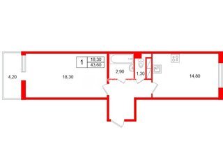 1-комн. кв. 43.6 м² 6/12 этаж
