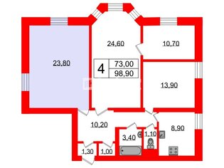 Комната 23.8 м² в 4-комн. кв. 1/4 этаж