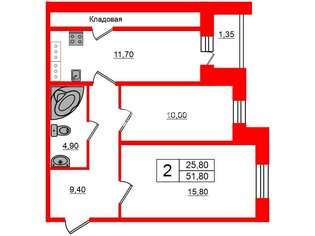 2-комн. кв. 51.8 м² 8/17 этаж