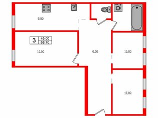 3-комн. кв. 68.7 м² 1/2 этаж