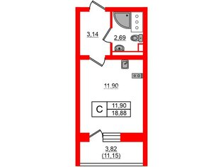 Студия 18.88 м² 11/13 этаж