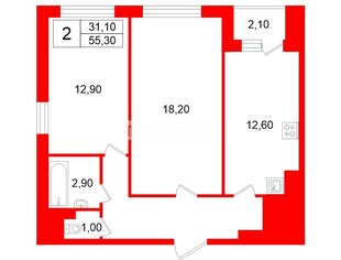 2-комн. кв. 55.3 м² 11/23 этаж