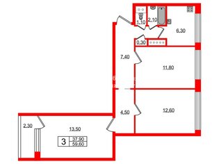 3-комн. кв. 59.6 м² 8/9 этаж