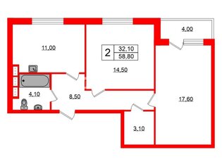 2-комн. кв. 58.8 м² 2/5 этаж