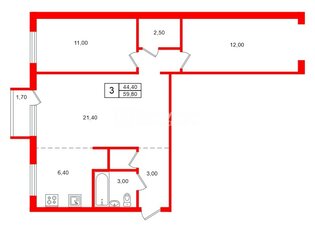 3-комн. кв. 59.8 м² 2/5 этаж