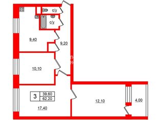 3-комн. кв. 62.2 м² 4/9 этаж