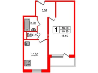 1-комн. кв. 40.3 м² 9/10 этаж