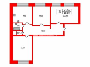 3-комн. кв. 68.8 м² 3/12 этаж