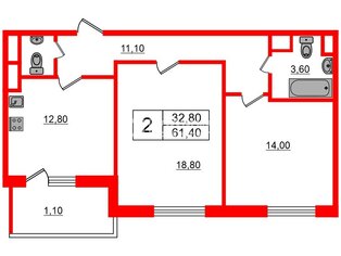  Квартира 61.4 кв.м. у метро Комендантский Проспект