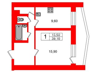 1-комн. кв. 39.1 м² 5/16 этаж