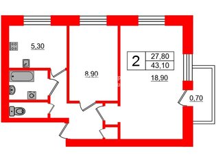 2-комн. кв. 43.1 м² 3/5 этаж