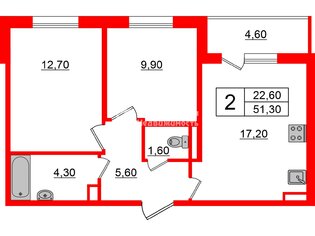 2-комн. кв. 51.3 м² 2/5 этаж