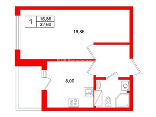 1-комн. кв. 32.6 м² 2/12 этаж