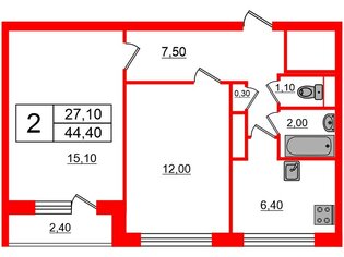 2-комн. кв. 44.4 м² 9/9 этаж