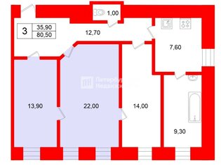 Комната 35.9 м² в 3-комн. кв. 5/7 этаж
